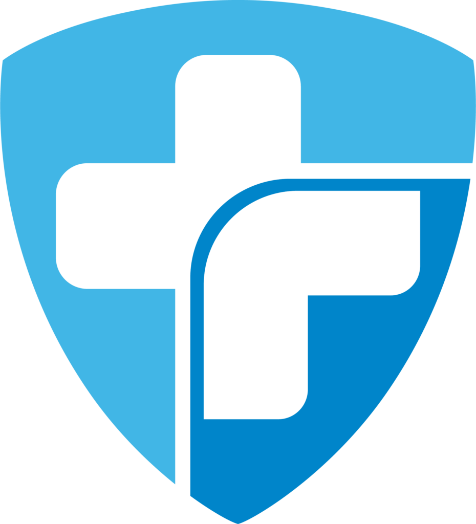 Blue shield with white cross in the middle